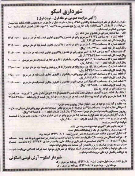 مزایده,عمومی مرحله اول واگذاری املاک و مغازه