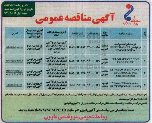 آگهی مناقصه عمومی , مناقصه خرید SHEETGASKET NOVAFLOVN300...