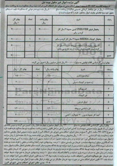 مزایده , مزایده یخچال فیلور philver