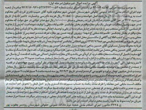 مزایده, مرحله اول یکباب مغازه بخش چابکسر اموال غیرمنقول