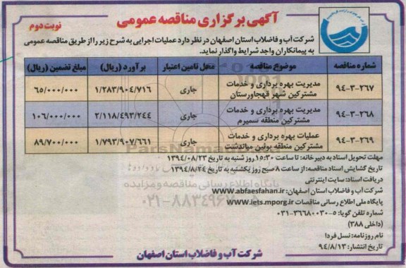 آگهی برگزاری مناقصه عمومی, مناقصه مدیریت بهره برداری و خدمات مشترکین شهر قهجاورستان  نوبت دوم 