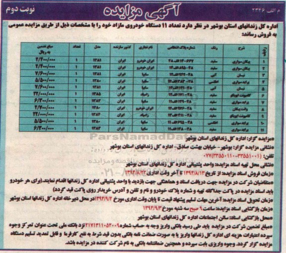 آگهی مزایده , مزایده تعداد 11 دستگاه خودروی مازاد نوبت دوم