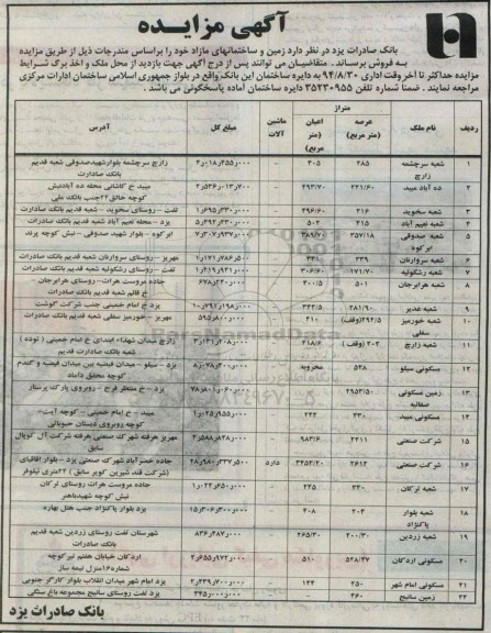 مزایده,زمین و ساختمانهای مازاد براساس مندرجات