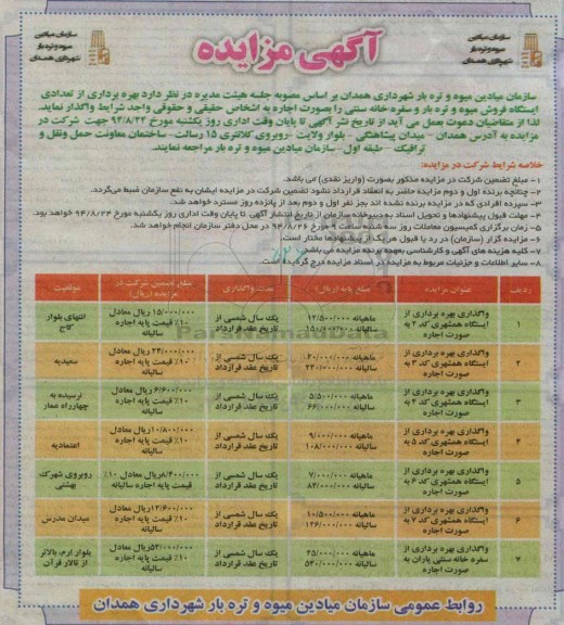 مزایده, مزایده بهره برداری از تعدادی ایستگاه فروش میوه و تره بار و سفره خانه سنتی 