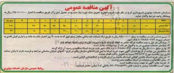 مناقصه , مناقصه  واگذاری خرید ، حمل و تحویل نمک 