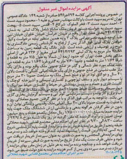 مزایده, ملک مشاع شامل پلاک ثبتی به شماره 4414.293 کلاسه 94 اجرا 54
