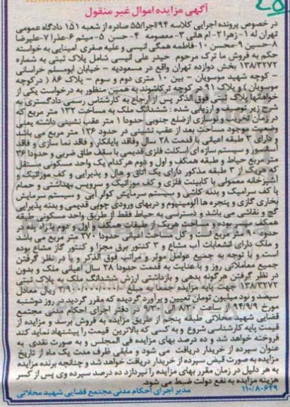 مزایده, اموال غیرمنقول ملک به کلاسه 94 اجرا 55