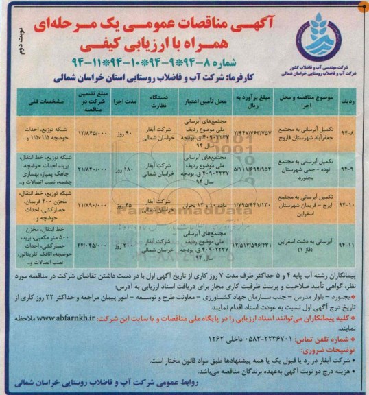 آگهی مناقصات عمومی یک مرحله ای همراه با ارزیابی کیفی , مناقصه تکمیل آبرسانی به مجتمع جعفرآباد شهرستان فاروج نوبت دوم 