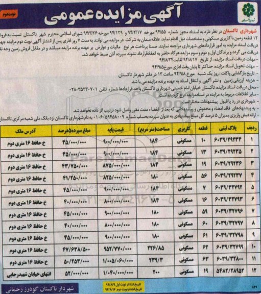 مزایده,فروش 12 قطعه زمین باکاربری مسکونی نوبت دوم