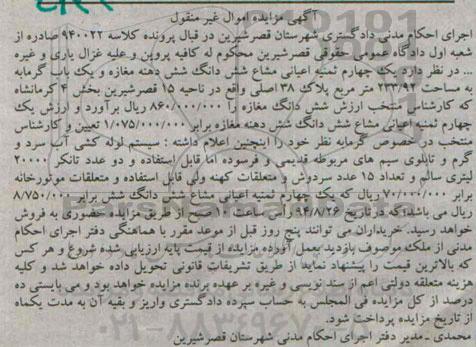 مزایده,یک چهارم ثمینه اعیانی مشاع ششدانگ مغازه کلاسه 940022