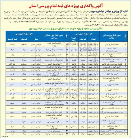 مناقصه , مناقصه  واگذاری پروژه های نیمه تمام ورزشی استان 