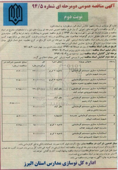 آگهی مناقصه عمومی دو مرحله ای , مناقصه استانداردسازی سیستم گرمایشی نوبت دوم 
