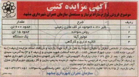 مزایده کتبی, مزایده کتبی فروش لوازم مازاد بر نیاز و مستعمل ( روغن سوخته)
