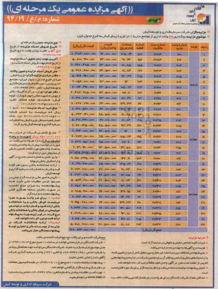 مزایده,عمومی یک مرحله ای شماره 94.19 واگذاری 32 واحد اداری از مجتمع سارینا یک در جزیره زیبای کیش