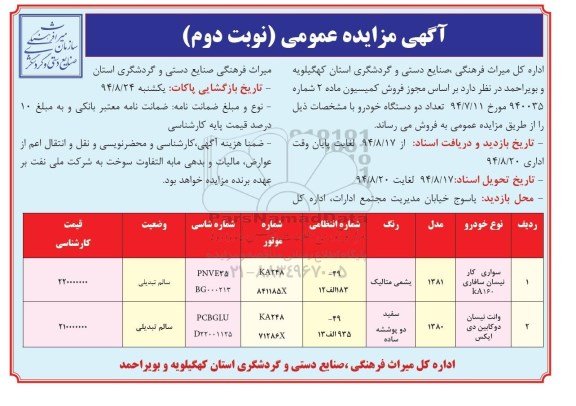 آگهی مزایده عمومی, مزایده فروش تعداد دو دستگاه خودرو از قبیل سواری کار نیسان سافاری و وانت نیسان دوکابین