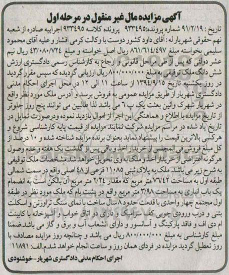 مزایده, مال غیرمنقول ملک به پلاک ثبتی شماره کلاسه 933495