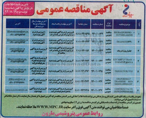 آگهی مناقصه  عمومی,مناقصه BIGBAGFORPOR-UCTMELAMINE  نوبت دوم 