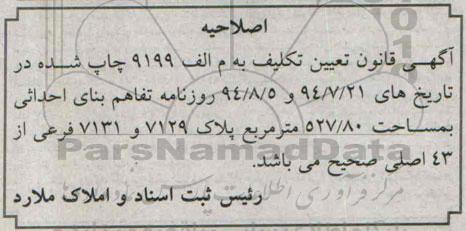 اصلاحیه , اموال غیرمنقول اسناد رهنی ششدانگ یک قطعه زمین - اصلاحیه 