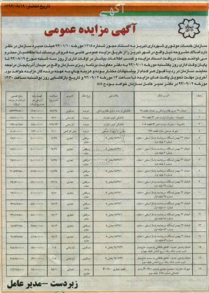 مزایده,کتبی عمومی فروش املاک در شهر تبریز