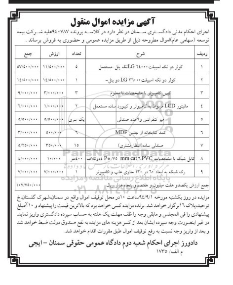آگهی مزایده, مزایده فروش کولر دو تکه اسپیلت و ...