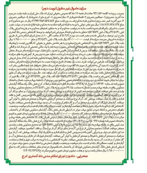 مزایده, اموال غیرمنقول کلاسه 931186 دو قطعه پلاک ثبتی