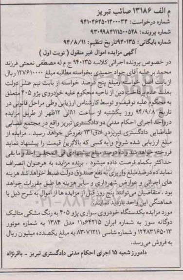 مزایده,مزایده خودرو سواری پژو 405 به رنگ مشکی