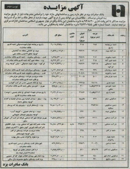 مزایده,زمین و ساختمانهای مازاد براساس مندرجات نوبت دوم