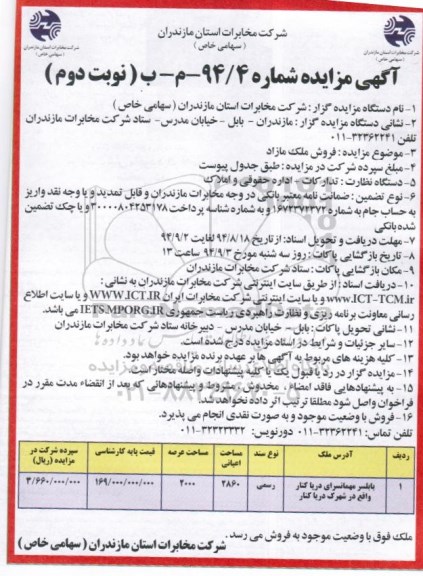 مزایده,شماره 94.4 نوبت دوم فروش ملک مازاد با نوع سند رسمی