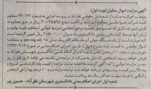 آگهی مزایده, مزایده فروش یک دستگاه جوش آب خنکگام الکتریک مدل Pars mig cs501w و متعلقات