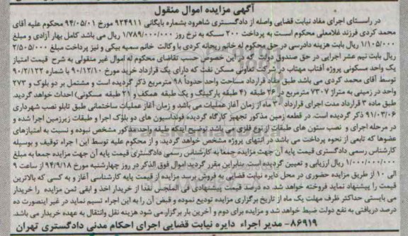 مزایده, امتیاز یک واحد مسکونی پروژه افتاب مهتاب به شماره بایگانی 924911