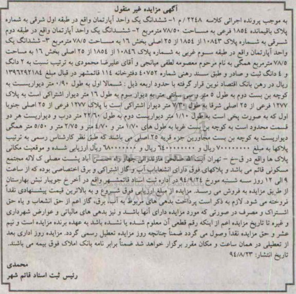 مزایده,ششدانگ سه دستگاه اپارتمان کلاسه 2248