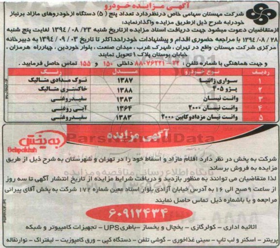 مزایده, مزایده تعداد 5 دستگاه خودروهای مازاد