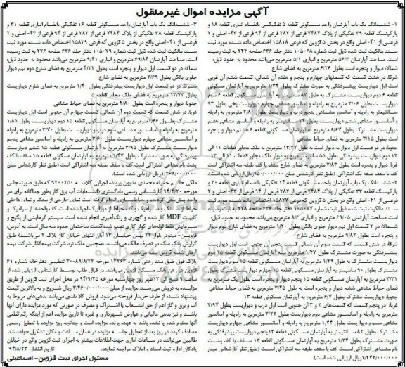 مزایده,سه دستگاه اپارتمان به کلاسه 9200250 اموال غیرمنقول 