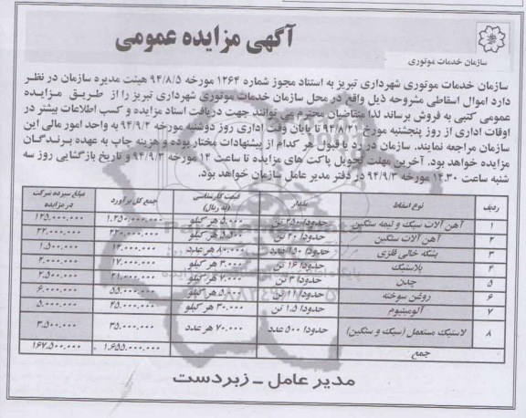 مزایده عمومی , مزایده عمومی آهن آلات سبک و نیمه سنگین و....