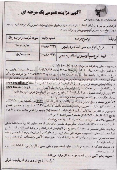 مزایده , مزایده فروش انواع سیم مسی اسقاط و دم قیچی