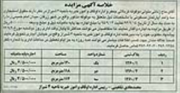 مزایده,واگذاری سه واحد اپارتمان مسکونی شهر زرقان با مدت یک سال