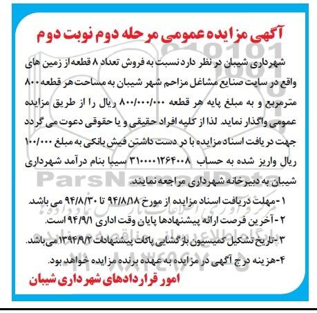مزایده, فروش تعداد هشت قطعه از زمینهای واقع در سایت صنایع مشاغل مزاحم