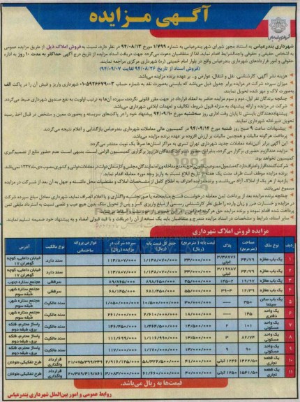 مزایده,واگذاری فروش املاک به اشخاص حقیقی حقوقی واجدالشراییط به شماره 1.799 مورخ 94.8.13