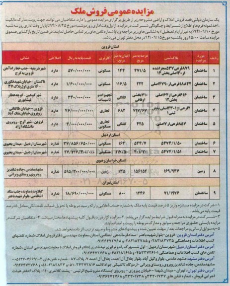 مزایده,عمومی فروش ملک املاک و اراضی مشروحه
