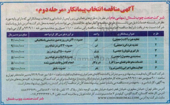 آگهی مناقصه انتخاب پیمانکار, مناقصه واگذاری فعالیت تخلیه هیزم آلات (حجمی ) و ... مرحله دوم