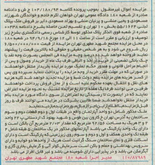 مزایده,ملک شامل دو واحد اپارتمان کلاسه 104.180.94