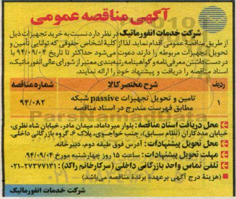 مناقصه , مناقصه تامین و تحویل تجهیزات passive شبکه