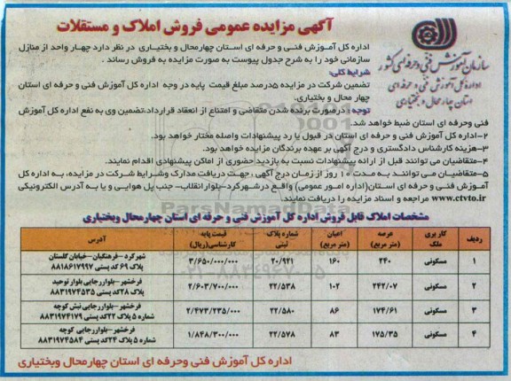 مزایده,فروش املاک و مستغلات 4 واحد از منازل سازمانی