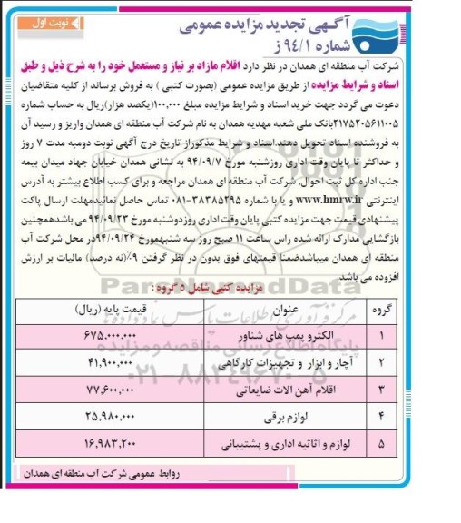 آگهی تجدید مزایده عمومی, مزایده فروش الکتروپمپ های شناور و ... (تجدید)