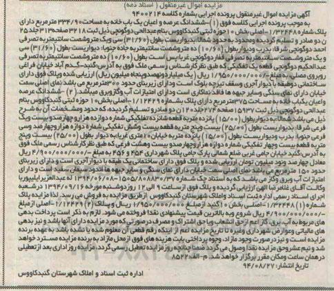 مزایده,ششدانگ دو باب عرصه و اعیان خانه کلاسه 9400214 اسناد ذمه
