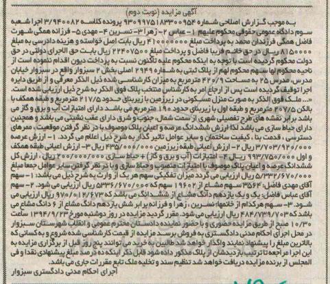 مزایده, ملک بصورت منزل به کلاسه 3.940082 نوبت دوم بخش دو سبزوار