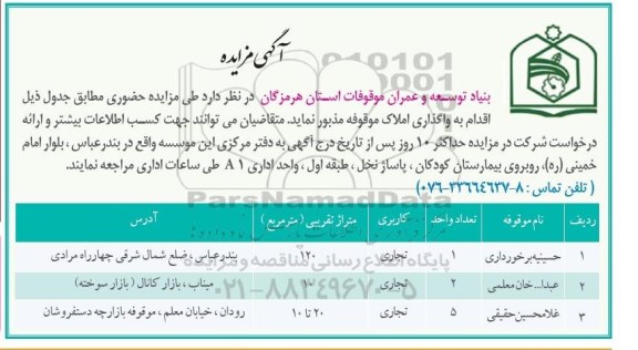 آگهی مزایده , مزایده واگذاری املاک موقوفه
