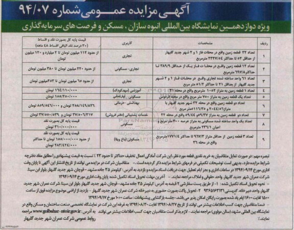 مزایده,عمومی شماره 94.07 تعداد 32 قطعه زمین و 61 واحد ساخته شده تجاری و یک واحد ساخته شده مسکونی