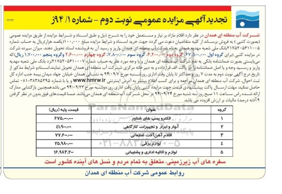 آگهی تجدید مزایده عمومی, مزایده فروش الکتروپمپ های شناور و ... (تجدید) نوبت دوم