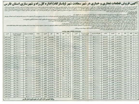 مزایده,فروش قطعات تجاری و خبازی در شهر سعادت شهر پاسارگاد